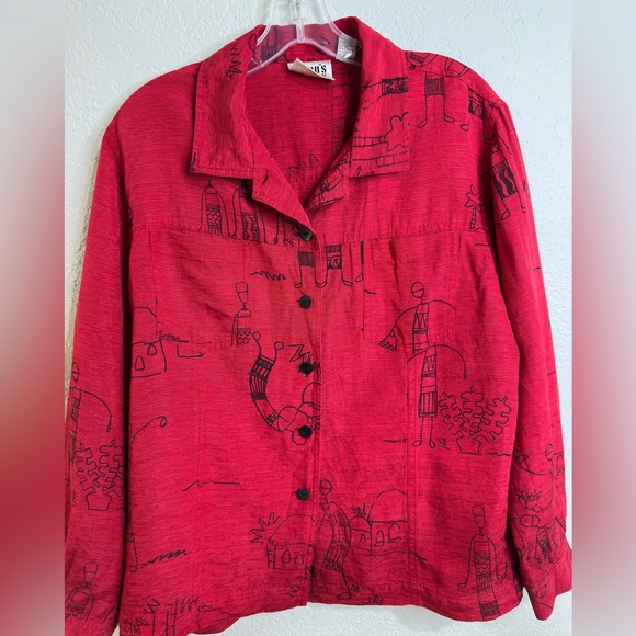 Chico’s Design Blouse Silk Linen Blend Printed Button-Up Red Size 2 - Picture 6 of 14